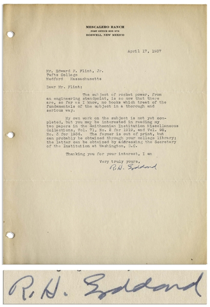 Scarce 1937 Letter Signed by Robert H. Goddard, the Father of Space Flight -- The subject of rocket power, from an engineering standpoint, is so new... -- With JSA COA